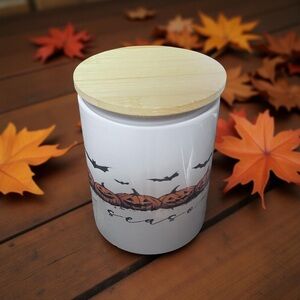 Custom White Halloween Candle with Wooden Lid